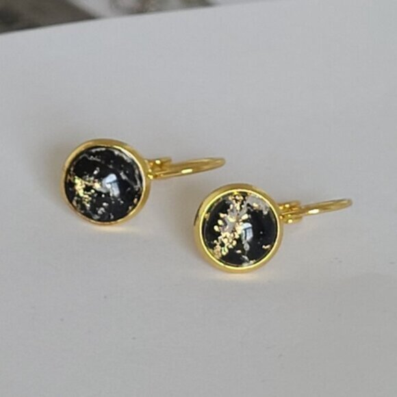 Elegant Hand Crafted Boho Black Gold Gemstone Marble Circle Drop Dangle Earrings - Picture 10 of 15